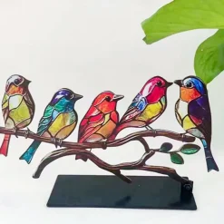 Stained Birds On Branch Desktop Ornaments,Metal Flat Vivid Birds Decorations On Branch,Double Sided Multicolor Hummingbird Craft Statue Table Gift for Bird Lovers