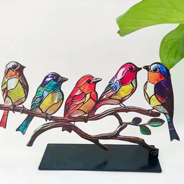 Stained Birds On Branch Desktop Ornaments,Metal Flat Vivid Birds Decorations On Branch,Double Sided Multicolor Hummingbird Craft Statue Table Gift for Bird Lovers