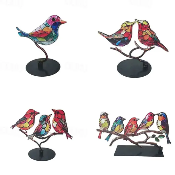 Stained Birds On Branch Desktop Ornaments,Metal Flat Vivid Birds Decorations On Branch,Double Sided Multicolor Hummingbird Craft Statue Table Gift for Bird Lovers