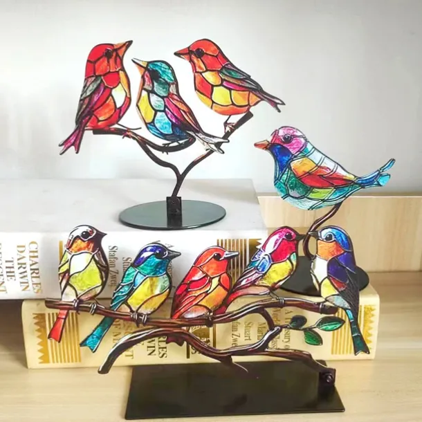 Stained Birds On Branch Desktop Ornaments,Metal Flat Vivid Birds Decorations On Branch,Double Sided Multicolor Hummingbird Craft Statue Table Gift for Bird Lovers