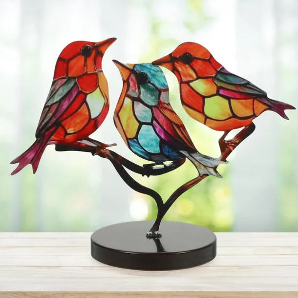 Stained Birds On Branch Desktop Ornaments,Metal Flat Vivid Birds Decorations On Branch,Double Sided Multicolor Hummingbird Craft Statue Table Gift for Bird Lovers