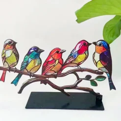 Stained Birds On Branch Desktop Ornaments,Metal Flat Vivid Birds Decorations On Branch,Double Sided Multicolor Hummingbird Craft Statue Table Gift for Bird Lovers