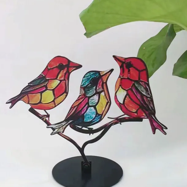 Stained Birds On Branch Desktop Ornaments,Metal Flat Vivid Birds Decorations On Branch,Double Sided Multicolor Hummingbird Craft Statue Table Gift for Bird Lovers