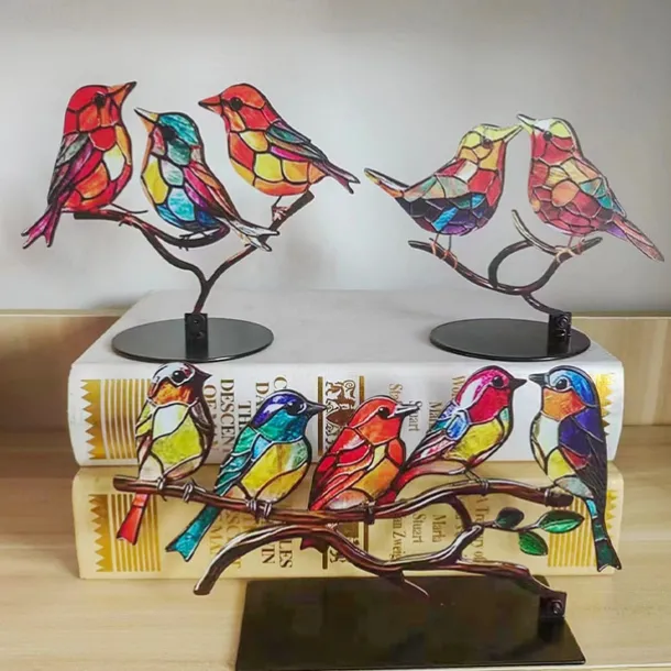 Stained Birds On Branch Desktop Ornaments,Metal Flat Vivid Birds Decorations On Branch,Double Sided Multicolor Hummingbird Craft Statue Table Gift for Bird Lovers