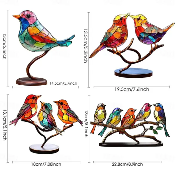 Stained Birds On Branch Desktop Ornaments,Metal Flat Vivid Birds Decorations On Branch,Double Sided Multicolor Hummingbird Craft Statue Table Gift for Bird Lovers