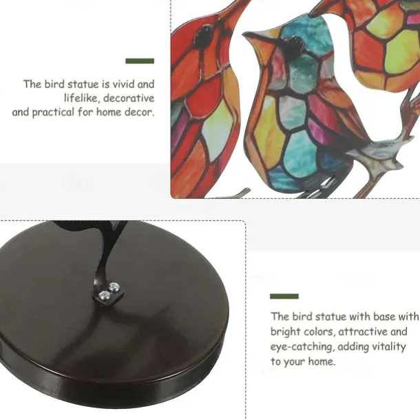 Stained Birds On Branch Desktop Ornaments,Metal Flat Vivid Birds Decorations On Branch,Double Sided Multicolor Hummingbird Craft Statue Table Gift for Bird Lovers