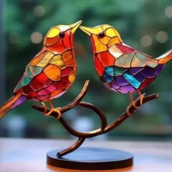 Stained Birds On Branch Desktop Ornaments,Metal Flat Vivid Birds Decorations On Branch,Double Sided Multicolor Hummingbird Craft Statue Table Gift for Bird Lovers