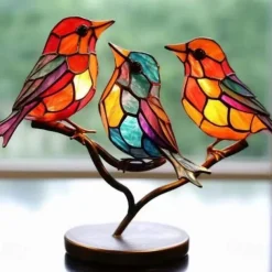 Stained Birds On Branch Desktop Ornaments,Metal Flat Vivid Birds Decorations On Branch,Double Sided Multicolor Hummingbird Craft Statue Table Gift for Bird Lovers