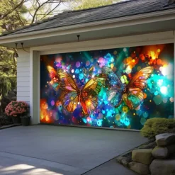 Stained Glass Butteflies Outdoor Garage Door Cover Banner Beautiful Large Backdrop Decoration for Outdoor Garage Door Home Wall Decorations Event Party Parade