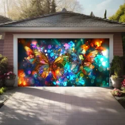 Stained Glass Butteflies Outdoor Garage Door Cover Banner Beautiful Large Backdrop Decoration for Outdoor Garage Door Home Wall Decorations Event Party Parade