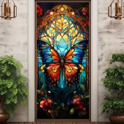 Stained Glass Butterfly Door Covers Mural Decor Door Tapestry Door Curtain Decoration Backdrop Door Banner Removable for Front Door Indoor Outdoor Home Room Decoration Farmhouse Decor Supplies