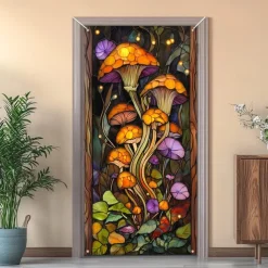 Stained Glass Effect Door Decorations Door Covers Mushrooms Door Tapestry Door Curtain Decoration Backdrop Indoor/Outdoor Door Banner for Front Door Farmhouse