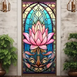 Stained Glass Lotus Door Covers Mural Decor Door Tapestry Door Curtain Decoration Backdrop Door Banner Removable for Front Door Indoor Outdoor Home Room Decoration Farmhouse Decor Supplies