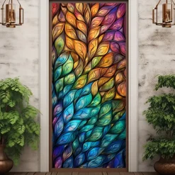 Stained Glass Lucky Clover Door Covers Mural Decor Door Tapestry Door Curtain Decoration Backdrop Door Banner Removable for Front Door Indoor Outdoor Home Room Decoration Farmhouse Decor Supplies