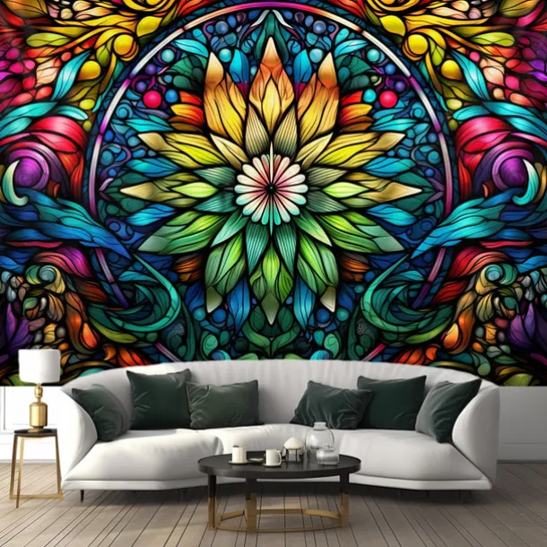 Stained Glass Mandala Wall Hanging Tapestry Wall Art Large Tapestry Mural Decor Photograph Backdrop Blanket Curtain Home Bedroom Living Room Decoration