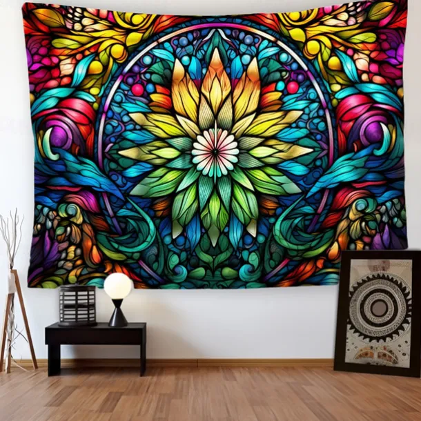 Stained Glass Mandala Wall Hanging Tapestry Wall Art Large Tapestry Mural Decor Photograph Backdrop Blanket Curtain Home Bedroom Living Room Decoration