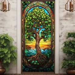Stained Glass Tree of Life Door Covers Mural Decor Door Tapestry Door Curtain Decoration Backdrop Door Banner Removable for Front Door Indoor Outdoor Home Room Decoration Farmhouse Decor Supplies