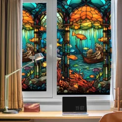 Stained Glass Window Film Colorful Window Stickers Stained Glass Electrostatic Removable Window Privacy Stained Decorative Film for Home Office
