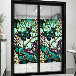 Stained Glass Window Film Colorful Retro Green Butterfly Window Glass Electrostatic Stickers Removable Window Privacy Stained Decorative Film for Home Office