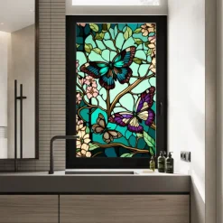 Stained Glass Window Film Colorful Retro Green Butterfly Window Glass Electrostatic Stickers Removable Window Privacy Stained Decorative Film for Home Office