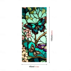 Stained Glass Window Film Colorful Retro Green Butterfly Window Glass Electrostatic Stickers Removable Window Privacy Stained Decorative Film for Home Office