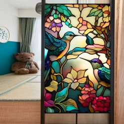 Stained Glass Window Film Colorful Retro Flower Birds Window Glass Electrostatic Stickers Removable Window Privacy Stained Decorative Film for Home Office