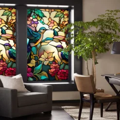 Stained Glass Window Film Colorful Retro Flower Birds Window Glass Electrostatic Stickers Removable Window Privacy Stained Decorative Film for Home Office