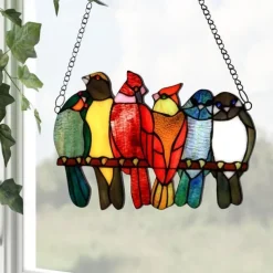 Stained Window Hangings, Decorative 9 Birds on a Wire Stained Glass, Handcraft Stained Window Panel, Gift Idea for Birthday, Easter, Christmas or Any Occasions