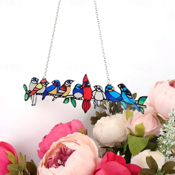 Stained Window Hangings, Decorative 9 Birds on a Wire Stained Glass, Handcraft Stained Window Panel, Gift Idea for Birthday, Easter, Christmas or Any Occasions