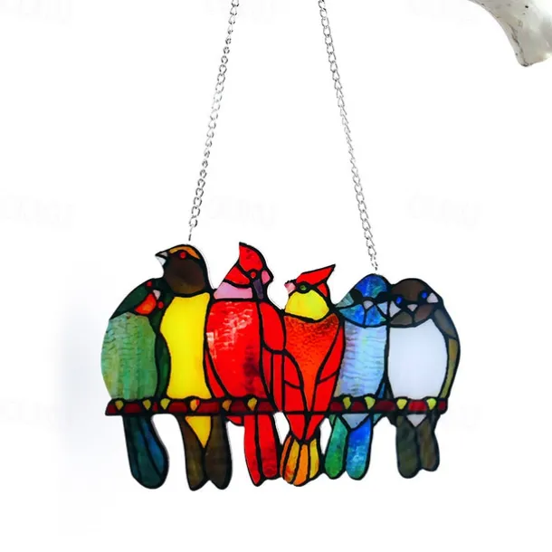 Stained Window Hangings, Decorative 9 Birds on a Wire Stained Glass, Handcraft Stained Window Panel, Gift Idea for Birthday, Easter, Christmas or Any Occasions