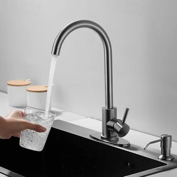 Stainless Steel Deck Mounted Kitchen Faucet, Nickel Brushed Multi-function Rotatable Kitchen Faucet with Hot and Cold Switch