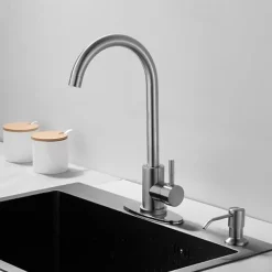 Stainless Steel Deck Mounted Kitchen Faucet, Nickel Brushed Multi-function Rotatable Kitchen Faucet with Hot and Cold Switch