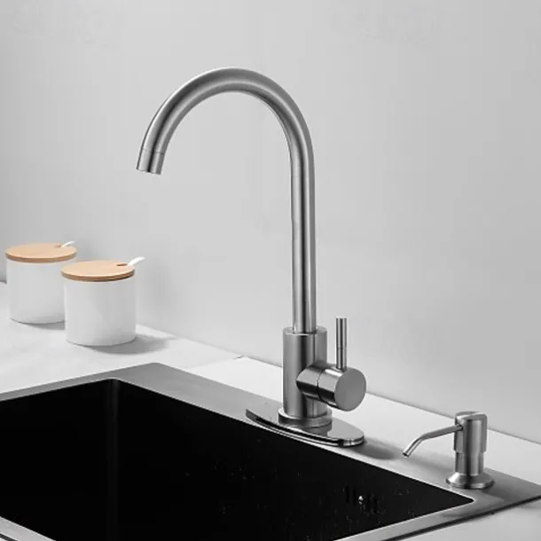 Stainless Steel Deck Mounted Kitchen Faucet, Nickel Brushed Multi-function Rotatable Kitchen Faucet with Hot and Cold Switch