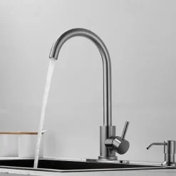 Stainless Steel Deck Mounted Kitchen Faucet, Nickel Brushed Multi-function Rotatable Kitchen Faucet with Hot and Cold Switch