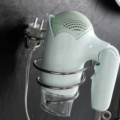 Stainless Steel Hair Dryer Holder Adhesive Blower Organizer Wall Mounted Spiral Stand Shelves Bathroom Storage Accessories