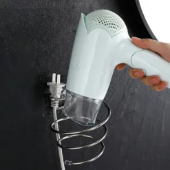 Stainless Steel Hair Dryer Holder Adhesive Blower Organizer Wall Mounted Spiral Stand Shelves Bathroom Storage Accessories