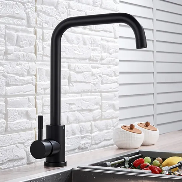 Stainless Steel Kitchen Sink Mixer Faucet, 360 Swivel Single Handle Kitchen Taps Deck Mounted, with Hot and Cold Water Hose Vessel Taps