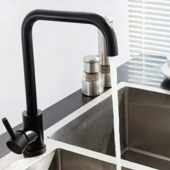 Stainless Steel Kitchen Sink Mixer Faucet, 360 Swivel Single Handle Kitchen Taps Deck Mounted, with Hot and Cold Water Hose Vessel Taps