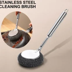 Stainless Steel Pot Brush with Long Handle, Multifunctional Kitchen Artifact Cleaning Pots and Bowls, Stainless Steel Pot Brush, Universal Steel Brush for Pots, Pans, Grills, Sink