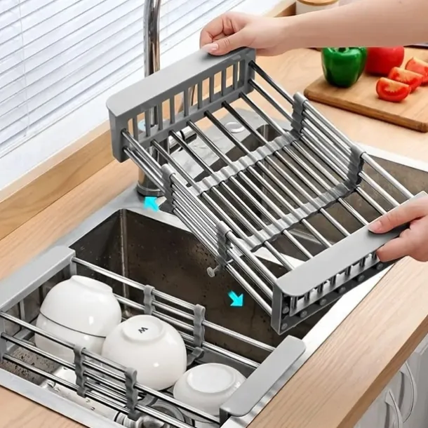 Stainless Steel Retractable Dish Drying Rack Expandable Kitchen Strainer Drain Draining Basket Over the Sink Adjustable Armrest, Washing Bowl Shelf for Vegetable and Fruit