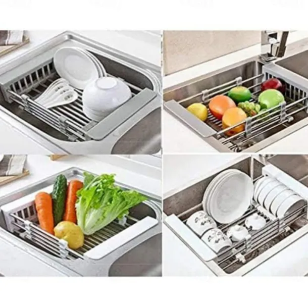 Stainless Steel Retractable Dish Drying Rack Expandable Kitchen Strainer Drain Draining Basket Over the Sink Adjustable Armrest, Washing Bowl Shelf for Vegetable and Fruit