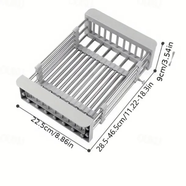 Stainless Steel Retractable Dish Drying Rack Expandable Kitchen Strainer Drain Draining Basket Over the Sink Adjustable Armrest, Washing Bowl Shelf for Vegetable and Fruit