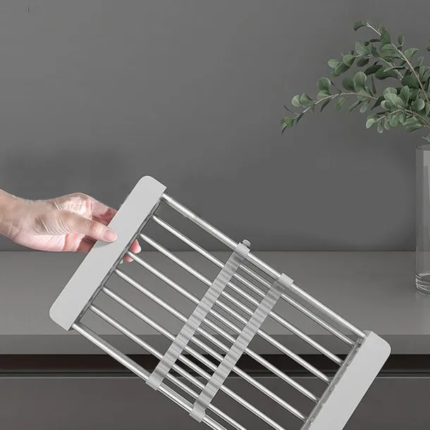 Stainless Steel Retractable Dish Drying Rack Expandable Kitchen Strainer Drain Draining Basket Over the Sink Adjustable Armrest, Washing Bowl Shelf for Vegetable and Fruit