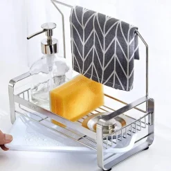 Stainless Steel Sponge Holder with Dishcloth Drying Rack Kitchen Sink Organizer Caddy Tray Sponge Brush Soap Holder Set with Removable Drain Tray for Kitchen