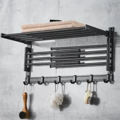 Stainless Steel Towel Rack,Bathroom Towel Rack with Shelf,Foldable Towel Shelf with Movable Hooks Rustproof Towel Storage Wall Mount for Bathroom Lavatory Matte Black