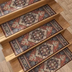 Step Carpet Boho Style Non-Slip Carpet Stair Treads for Kids Elders and Pets Ethnic Design Stair Tread Mats