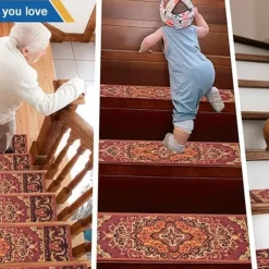 Step Carpet Boho Style Non-Slip Carpet Stair Treads for Kids Elders and Pets Ethnic Design Stair Tread Mats