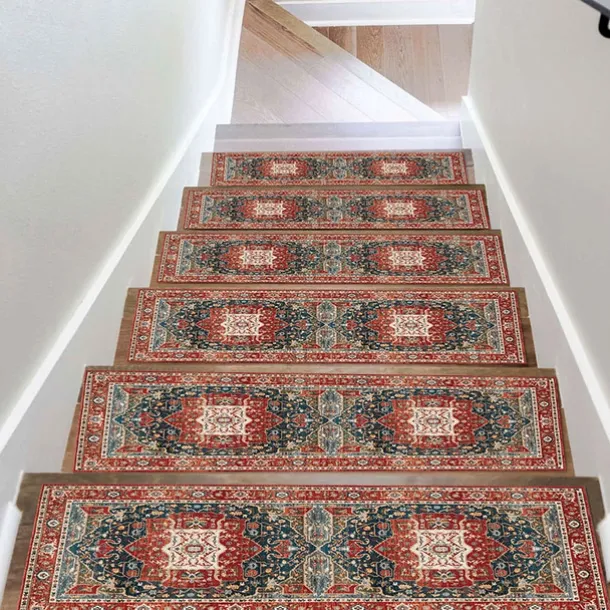 Step Tread Carpet Boho Style Non-Slip Carpet Stair Treads for Kids Elders and Pets Ethnic Design Stair Tread Mats W20*L76cm