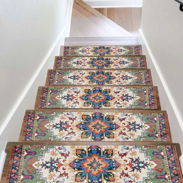 Step Tread Carpet Boho Style Non-Slip Carpet Stair Treads for Kids Elders and Pets Ethnic Design Stair Tread Mats W20*L76cm
