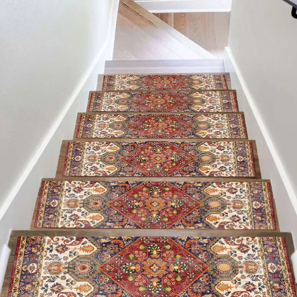 Step Tread Carpet Boho Style Non-Slip Carpet Stair Treads for Kids Elders and Pets Ethnic Design Stair Tread Mats W20*L76cm